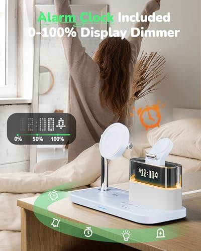 Qi2 Certified 15 W 5-in-1 Mag-Safe Wireless Charging Station with Alarm Clock & Night Light – Stylish Pink Dock for i Phone 16/15/14/13/12 Pro Max, Apple Watch & Air Pods – Fast Charging & Clutter-Free Convenience