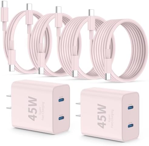 Ultra-Fast Dual-Port USB-C Charger with Extra Long Cables – 45 W Power Block for Samsung Galaxy S25 Ultra, S24+, S23 & i Phone 16 – PD Quick Charging 3.0 Convenience for Home & Office Use – 2-Pack Bundle with 3/6/10 FT Cables for Optimal Flexibility and Speed