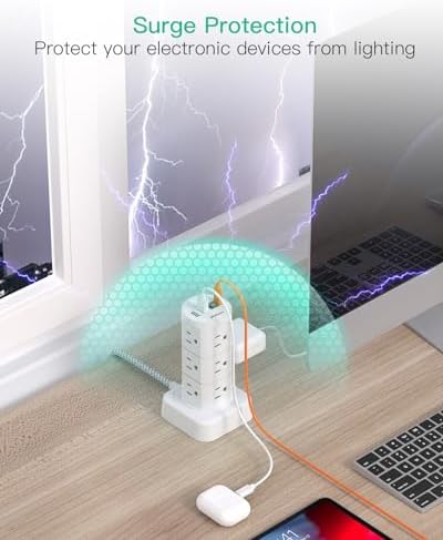 High-Performance Surge Protector Power Strip Tower with 12 AC Outlets and 4 USB Fast Charging Ports – 10 FT Extension Cord for Ultimate Flexibility, Ideal for Home, Office, and Dorm Room Essentials – Space-Saving Design with Advanced Surge Protection