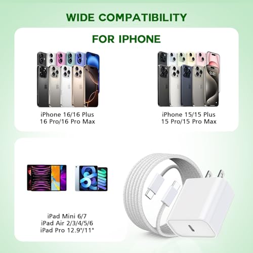 i Phone 16 & 15 Fast Charge Trio: 20 W USB-C Wall Chargers & 10 FT Woven Cables for Ultimate Device Compatibility – Ideal for i Pad Pro, Air Pods, and More – Efficient, Durable, and Perfect for Home or Travel Charging Solutions