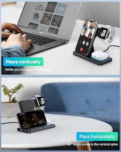 Revolutionary DUMTERR 3-in-1 Fast Wireless Charging Station for i Phone 16/15/14/13/12, Apple Watch Series 10, and Air Pods 4 – Sleek Docking Solution for Effortless Desk and Nightstand Organization, Superior Safety Features, and Rapid Charging Efficiency for All Your Apple Devices