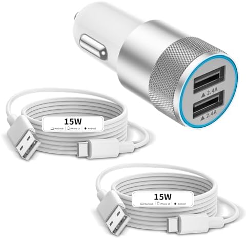 Power Up Your Journey: i Phone 15 24 W Dual-Port Fast USB Car Charger with 2-Pack 3 FT USB-C Cables – Ultimate Compatibility for i Phone 16/15, i Pad Pro/Air/Mini, Galaxy, and Pixel Devices – Compact, Efficient, and Built for Speed