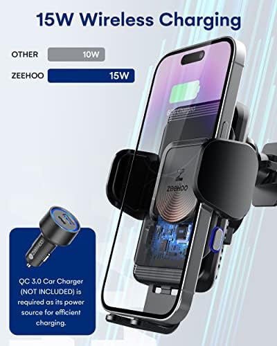Zee Hoo 15 W Fast Wireless Car Charger with Auto-Clamp Mount – Effortless Qi Charging for i Phone 14/13/12 Mini/11 Pro Max & Samsung Galaxy S22/S21 – Multi-Position Holder for Windshield & Air Vent with 45 W QC3.0 Adapter for Enhanced Power Efficiency and Secure Usage