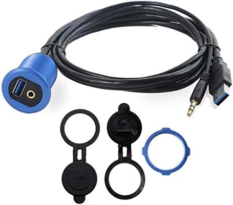 Elevate Your Vehicle’s Connectivity: 3.3 ft USB 3.0 & 3.5 mm TRS Jack Flush Mount Cable with LED – Durable Blue Metal Shell Extender for Seamless Dashboard Integration in Cars, Trucks, Boats, and Motorcycles – Perfect USB & Audio Accessory for On-the-Go Convenience