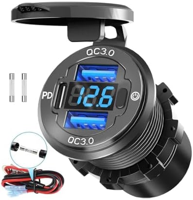 Powerful 78 W Quad-Port 12 V USB Charging Hub – Dual QC3.0 & PD3.0 Quick Charge Car Charger with Integrated Voltmeter, Waterproof Aluminum Alloy Design for Cars, Boats, RVs, ATVs, and More – Optimal Device Compatibility and Speed Enhancements