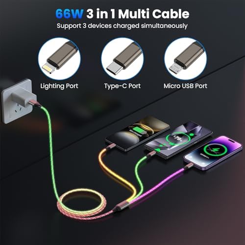 Illuminate Your Charging Routine with the 66 W RGB LED Light Up 3-in-1 USB C Charger Cable – Versatile 4 FT Cord for i Phone 16/15/14/13/12, i Pad Pro, Samsung, and Pixel Devices – Fast Charging with Enhanced Compatibility and Stylish Glow
