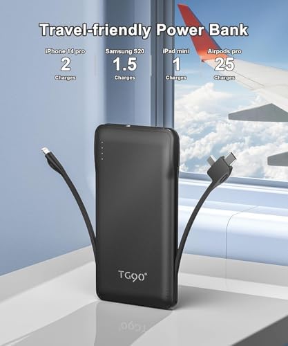 Ultra-Slim 10,000 m Ah TG90° Portable Power Bank with Built-in Lightning and USB-C Cables – Fast Charging, Lightweight Battery Backup for i Phone and Android Devices – Essential On-the-Go Charger for Busy Lifestyles