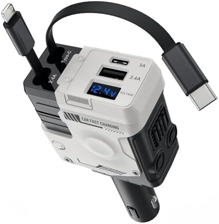 Ultimate 4-in-1 Retractable Car Charger – 127 W USB-C Fast Charging Hub with Dual 2.6 FT Cables & 180° Adjustable Ports for i Phone, i Pad, Android Devices, Tablets & Laptops – Enhanced Speed & Compatibility for On-the-Go Power