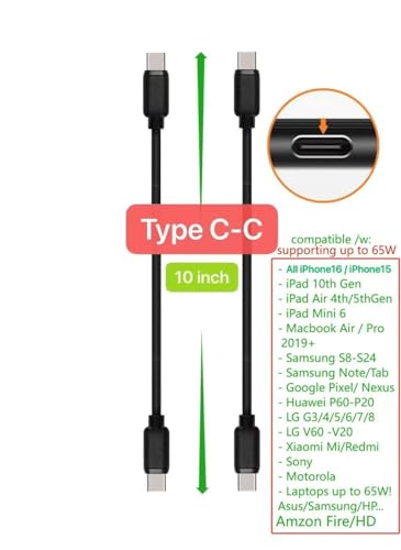 10-Pack Short USB Cables & Type C-C for Fast Charging – Optimized for i Phone 16/15, i Pads, Samsung Devices, and More – Premium Black Design for Efficient Clutter-Free Power Solutions