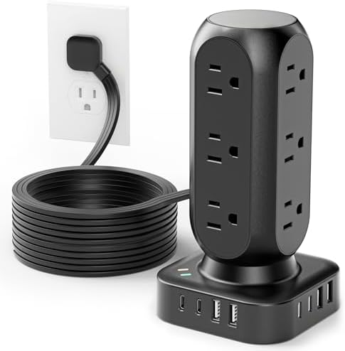 Revolutionize Your Charging Setup with the Flat Plug Power Strip Tower – 10 FT Extension Cord, 40 W Fast Charging Station Featuring 12 AC Outlets and 8 USB Ports (4 USB-C) for Ultimate Device Connectivity and Safety in Home, Office, or Dorm Room