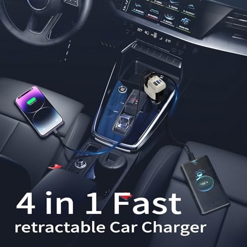 Ultimate 4-in-1 Retractable Car Charger – 69 W USB-C Adapter with Dual Ports, Shock Absorption Technology for i Phone 16 and More, Travel-Ready Power Solution with 31.5-inch Tangle-Free Cables, Essential Road Trip Accessory for Multi-Device Charging