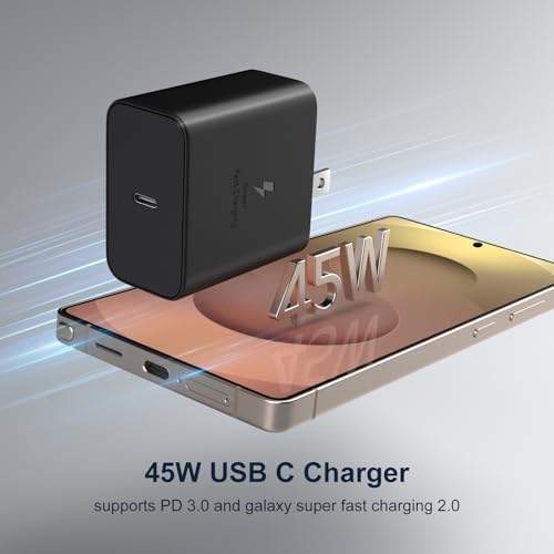 Power Up with Excgood 45 W USB C Fast Charger for Galaxy S25 Ultra – Dual Pack with 6 ft USB C to C Cable – Rapid Compatibility for Galaxy S24 FE, S23, S22, S21, Note, Tab S10, and i Phone 16 Pro Max – Optimal Charging Solution for On-the-Go Users – Sleek White Design for Every Setting – Experience Unmatched Speed and Efficiency in Device Charging