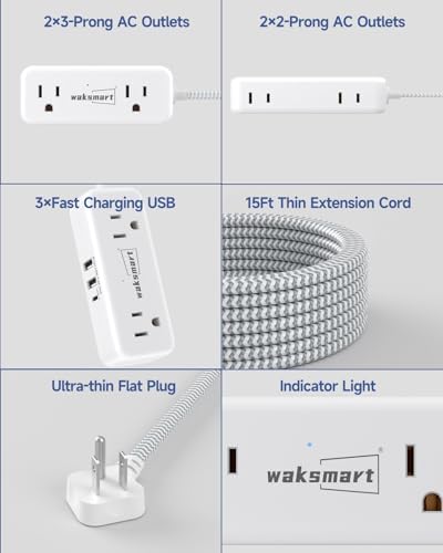 Sleek Flat Plug Power Strip with 5 Ft Extension Cord – 4 AC Outlets & 3 Fast-Charging USB Ports (5 V/3.4 A) – Compact Travel-Friendly Power Solution for College Dorms, Home Offices, and On-the-Go Charging – Maximize Space and Connectivity