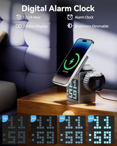 Vivilumens 3-in-1 Wireless Charging Station with Bluetooth Speaker – Fast-Powered Mag Safe Charger for i Phone, Air Pods & Apple Watch, Featuring Pixel Animation Display and Digital Clock Functionality with 18 W Adapter for Enhanced Device Versatility and Style