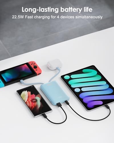 10000 m Ah Portable Power Bank with Built-in Cable – 22.5 W PD Fast Charging, Compact & Lightweight Charger for Apple, Samsung, Google, Motorola – Sleek Grey Design for On-the-Go Convenience and Enhanced Compatibility