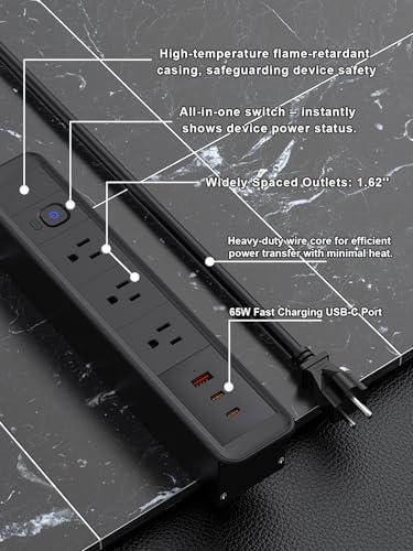 Recessed USB C Power Strip with 65 W Fast Charging – Sleek Desk-Mounted Outlet Kit Featuring 3 AC Outlets and 6 ft Flat Plug Cable for Organized Home, Office & Kitchen Spaces – Ultimate Surge Protector and Space-Saving Charging Solution