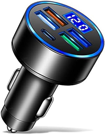 Versatile 5 Port USB Car Charger with Type C – Fast Charging Cigarette Lighter Adapter with LED Voltage Display, Compatible with i Phone 14/Pro, Mac Book, i Pad Pro/Air, Galaxy Smartphones (Pack of 2) – Ultimate On-the-Go Charging Solution for Families and Travelers