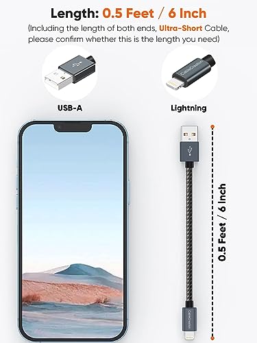 Compact 15 cm MFi Certified Lightning Charging Cable for i Phone & i Pad – Fast Charge Compatibility with i Phone 14/14 Pro Max/13/12/12 Pro/11/X/XR/8/8 Plus/7/6 S/6/SE – Durable & Travel-Friendly USB to Lightning Cable for On-the-Go Power Solutions – Premium Quality Design for Enhanced Performance and Reliability