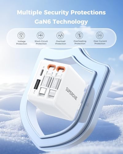 Elevate Your Power Game with the SUPERONE 4-in-1 Retractable Wall Charger – 45 W PD Fast Charging USB-C Hub for i Phone, Samsung, Mac Book & More – Travel-Ready Compact Design with Dual Cables for Maximum Versatility and Universal Device Compatibility – Experience Tangle-Free Charging and Advanced Safety Features to Prevent Overheating and Overcharging