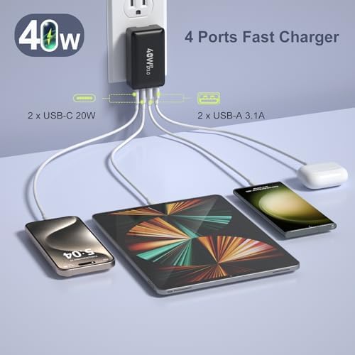 Excgood 40 W Multi-Port USB C Charger Block – 4-Port Fast Charging Wall Adapter with Dual PD & QC Technology, Compact Foldable Design for Travel, Compatible with i Phone 16/15 Pro Max/14/13, i Pad, Galaxy S23 – Sleek Black Finish, 2-Pack for Ultimate Device Compatibility and Efficiency