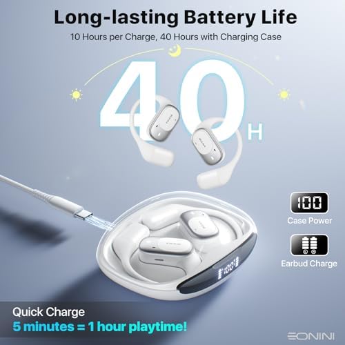 Open Ear Wireless Bluetooth Earbuds – 40 Hours of Playtime, IPX5 Waterproof Sports Headphones with Smart Power Display, Enhanced Call Clarity, Secure Fit for Active Lifestyles, Perfect for Running and Outdoor Activities