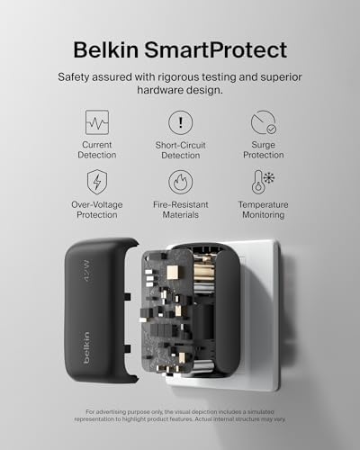 Belkin 42 W Dual Port Charger Block – Ultra-Fast USB-C & USB-A Power Adapter for i Phone 16/15/14/13 Pro, Samsung Galaxy S25, i Pads, Air Pods, and Nintendo Switch 2 – Compact Travel-Friendly Design for Maximum Charging Efficiency