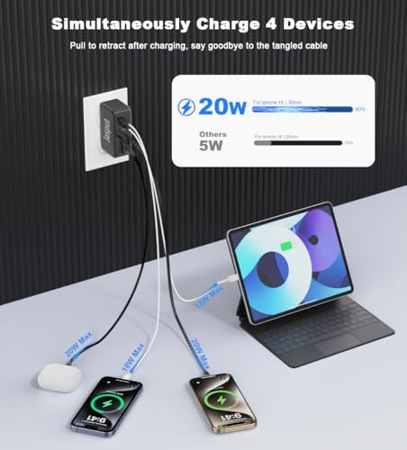 Ultimate 4-in-1 Retractable Wall Charger with Dual USB Ports – 40 W Fast Charging for i Phone 16/15/14/13, Galaxy S24/S23, LG & Pixel – Compact Multi-Device Charger with Tangle-Free Cables for Enhanced Portability and Compatibility