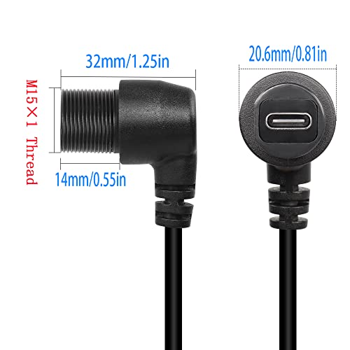 QIANRENON 90 Degree Right Angle USB C 3.1 Extension Cable – 10 Gbps Waterproof Panel Mount Solution, 30 cm Length for Streamlined Connectivity in Compact Spaces – Ideal for Vehicles and Workstations
