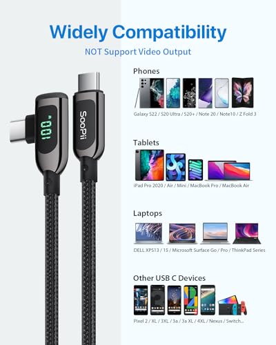 SOOPII 100 W Fast Charging Right Angle USB C to USB C Cable – 6.6 FT Zinc Alloy Braided with LED Display for Enhanced Performance, Compatible with i Phone 16/15, i Pad Air/Pro, Mac Book Pro, Samsung Galaxy S23/S22/S10, Google Pixel & LG Smartphones – Ideal for Gaming & Multitasking