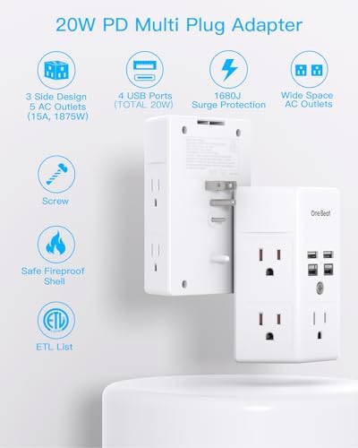 Maximize Power Efficiency with Our 5-Outlet Surge Protector and 4-Port USB Charger – Wall-Mountable Power Strip with 1680 Joules Protection for Home and Office Use, Featuring Fast USB C PD 20 W Charging for All Devices, Ideal Multi-Plug Adapter for an Organized Workspace