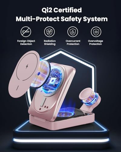 3-in-1 Qi2 Certified Wireless Charging Station – 15 W Fast Magnetic Charger for i Phone 16/15/14/13/12, Apple Watch, Air Pods – Foldable Design with 30 W USB-C Adapter for Ultimate Compatibility and Efficiency – Elevate Your Charging Experience with Enhanced Safety Features and Versatile Viewing Angles