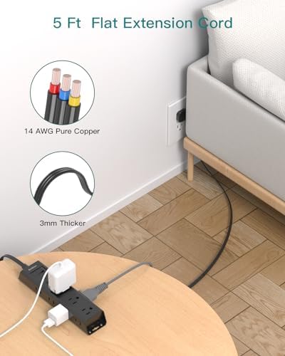 Ultra-Thin Flat Plug Power Strip with 12 AC Outlets – Addtam 5-Ft Surge Protector for Desk and Wall Mount – Multi-Device Charging Station for Home and Office – 1050 Joules Protection, Space-Saving Design for Tidy Workspaces and Enhanced Connectivity