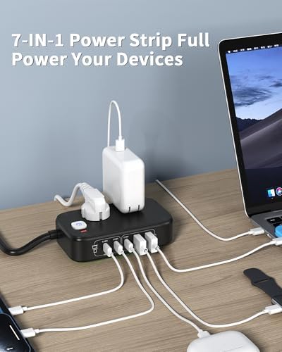 Ultimate 7-in-1 Power Strip with 65 W Ga N Technology | Flat Plug Design for Space-Saving | 3 USB-C & 2 USB-A Ports for Rapid Charging | 2500 W AC Outlet for Home, Office, College & Travel | Versatile Surge Protector for All Devices