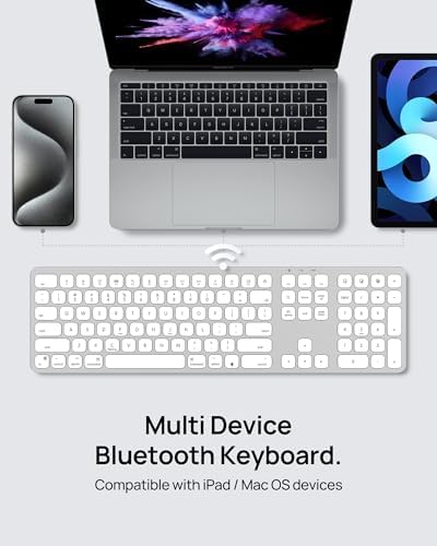 SODI Wireless Aluminum Keyboard for Mac – Full-Size Backlit Bluetooth Keyboard with Numeric Keypad, Rechargeable & Ergonomic Design for Seamless Compatibility with Mac Book, i Mac & i Pad – Elevate Your Typing Experience in Sleek Silver