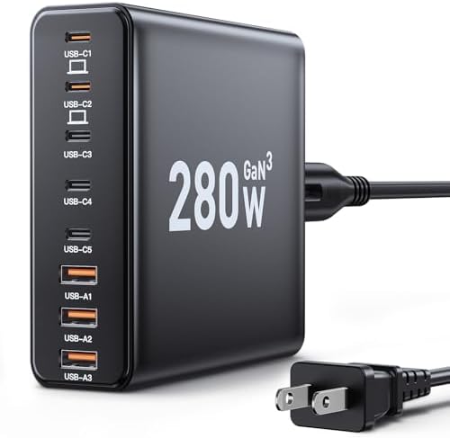 Revolutionize Your Charging Routine with the 280 W Ga N USB-C 8-Port Fast Charging Station – Power Up Laptops, Smartphones & More with PD 65 W Compatibility for Mac Book Pro/Air and Dell – Compact & Lightweight Design Perfect for Home, Office, and Travel – Universal Fast Charger for i Phone, Samsung Galaxy & All USB-C Devices
