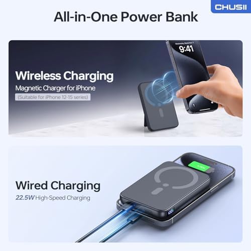 Magnetic Wireless Power Bank for i Phone 15/14/13/12 Pro/Pro Max – 12000 m Ah Fast Charging Portable Charger with Stand & USB-C – Sleek Black Design for Enhanced Convenience and Style