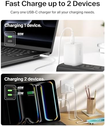 Belkin 65 W Dual USB-C Fast Charger Block – Super Charging PD3.0 with Ga N Efficiency for i Phone 16, Samsung Galaxy S25, Mac Book & More – Dual Port Power Adapter for Rapid Device Charging – Sleek White Design for Modern Aesthetics – Ideal for Multitasking and On-the-Go Lifestyle