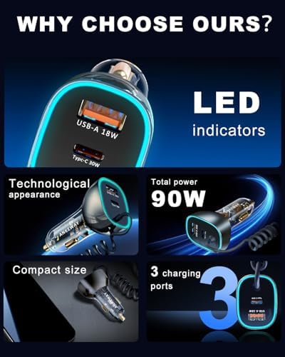 High-Performance 90 W USB C Car Charger with 5 ft Coiled Cable – Fast Charging Adapter for i Phone 15 Pro Max, Samsung Galaxy S24/S23, Mac Book & More – Sleek Transparent Design, Universal Compatibility, Ideal for Road Trips & Daily Commutes