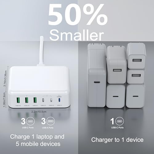 BREEKET 100 W USB C Fast Charger Hub – 6-Port Ga N Charging Station with 3 USB-A & 3 USB-C Connections – High-Speed Wall Adapter for i Phone 15/14/13/12/11 Pro Max, i Pad, Google Pixel & Samsung Galaxy Devices – Compact, Safe & Stylish Power Solution