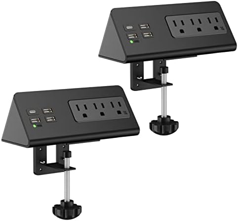 Edge Mount Power Strip with USB-C & AC Outlets – 3 AC Sockets and 4 Fast-Charging USB Ports for Home, Office, and Dorm – Desk Clamp Surge Protector, Compact Design for Enhanced Convenience and Safety – Black (2-Pack)