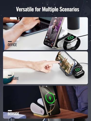 Ultimate 4-in-1 Wireless Charger for i Phone, Air Pods Pro 2, and Apple Watch – Foldable Travel Charging Station with Mag Safe Technology for Enhanced Compatibility and Fast Charging, Featuring Innovative Pop-Up Design and Adjustable Night Light for Convenient Multi-Device Use