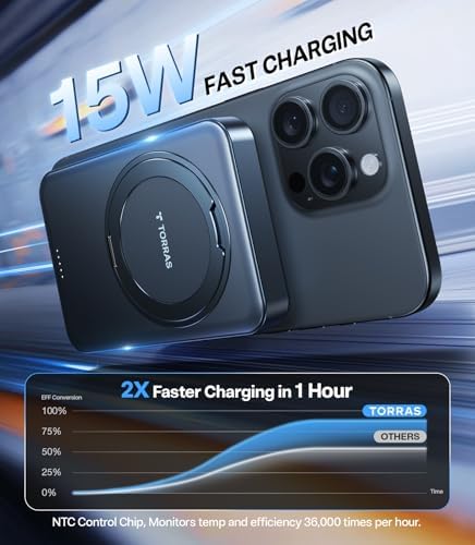 TORRAS 5,000 m Ah Magnetic Power Bank – Ultra-Slim Fast Wireless Charger with Built-in Stand for i Phone 16 Series – Convenient Portable Battery Pack for On-the-Go Charging – Enhanced Compatibility & Speed in Sleek Black Design