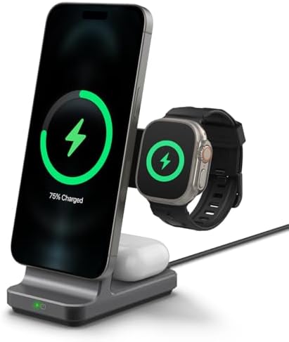 Maximize Charging Efficiency with Spigen One Tap Pro (Mag Fit) 3-in-1 Qi2 Certified Wireless Charging Stand – Rapid 15 W Power for i Phone 16/15/14/13/12, Apple Watch Ultra 2/1, and All Air Pods Models – Sleek Design with Enhanced Safety Features and Magnetic Alignment for Effortless Use