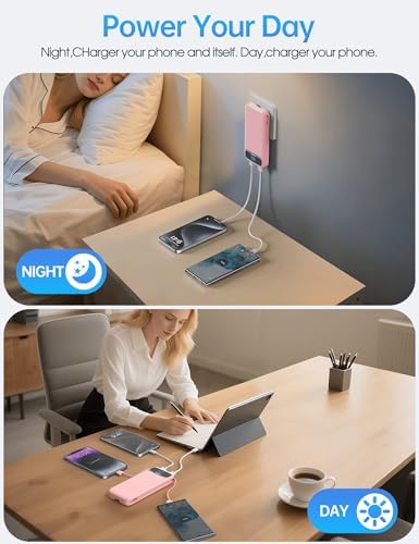 Ultra-Compact 12000 m Ah Power Bank with Built-in Charging Cables & AC Plug – 20 W PD Fast Charging for i Phone, Samsung, Android, USB-C Devices – Travel-Friendly External Battery Pack in Purple – Unmatched Portability and Efficiency for On-the-Go Charging Solutions