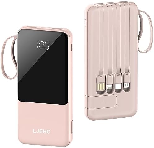 Slim 10,000 m Ah Portable Charger with Built-in Cables – High-Speed USB-C Power Bank for Travel | 5 Outputs & 3 Inputs, LED Display, Compatible with i Phone, Samsung, Pixel, LG & More – Essential Power Solution for On-the-Go Charging