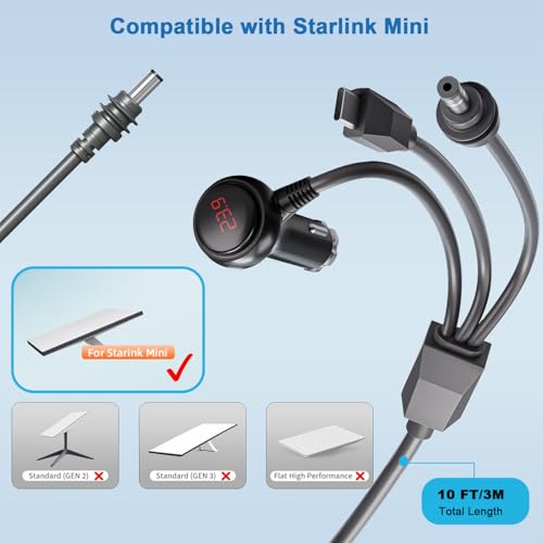 Ultimate Gem Coo Starlink Mini Cable – 3-in-1 Heavy Duty Car Charger with Real-Time Voltage Display, 10 FT DC Power Cable, and USB C to 12-24 V Cigarette Lighter Plug for Enhanced Device Compatibility and Fast Charging on the Go