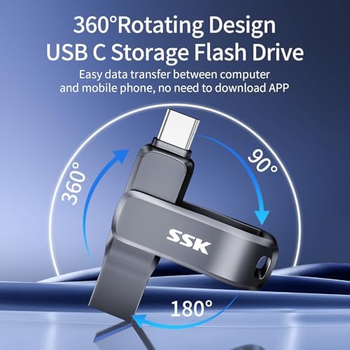 SSK 256 GB Dual USB C Flash Drive – High-Speed USB 3.2 Memory Stick with Dual USB Type-C & USB-A Ports – Sleek Black Metal Design for Effortless File Transfer Across Smartphones, Tablets, Laptops, and TVs – Unmatched Durability & Performance