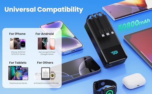 High-Capacity 50800 m Ah Portable Power Bank with 3 Built-In Cables, 25 W PD & QC4.0 Fast Charging – Universal Charging Solution for i Phone 16/15/14/13, Android Devices & More – Smart LCD Display, 6 Outputs & 2 Inputs, Enhanced Safety Features for On-the-Go Power Needs