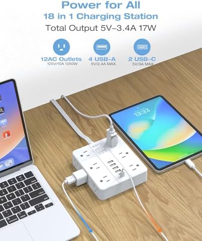 Maximize Your Charging Potential with AOFO 5 Ft Flat Plug Power Strip: 12 Outlet Surge Protector & 6 USB Ports (4 USB-A, 2 USB-C) for Home, Office, and Dorm Use – Reliable, Safe, and Space-Saving Design for All Your Devices