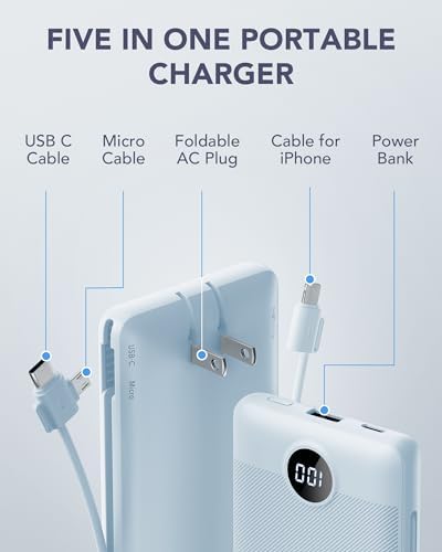 VRURC 10,000 m Ah USB C Power Bank with Built-in Cables & AC Wall Plug – Compact Lightweight Travel Charger for Smartphones & Tablets – Ultimate Convenience & Enhanced Charging Speed